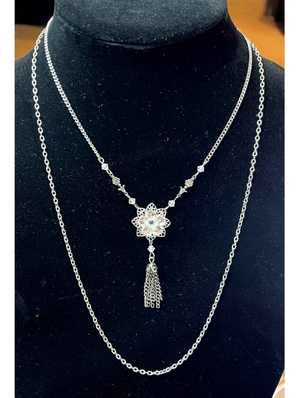 Vintage Art Deco Style Double Chain Silver Tone Filigree Medallion Fringe Drop